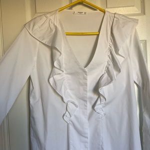 White ruffle button down